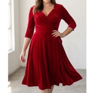 Unique Vintage 1940s Inspired Kelsie Velvet Wrap Midi Dress in Red NWT